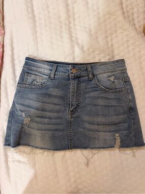 Light Blue Distressed Denim Mini Skirt - Women